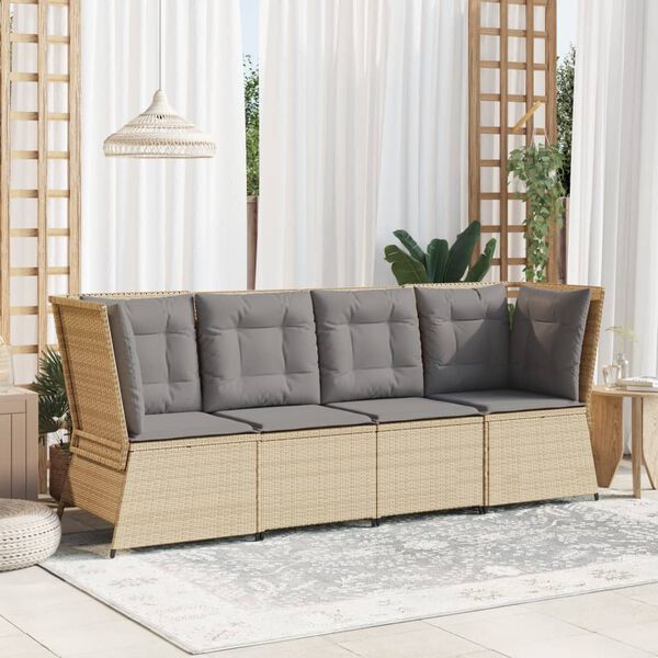 vidaXL Patio Sofa Beige Poly Rattan, Powder-Coated Steel, Polyester Fabric