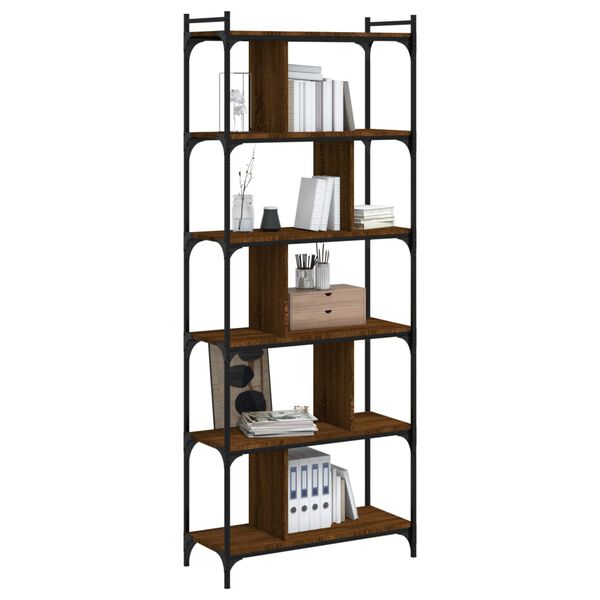 vidaXL Bookcase Brown Oak Engineered Wood, Metal Tall Adjustable Feet