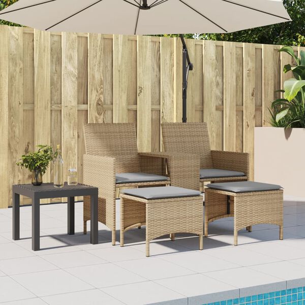 vidaXL Patio Sofa 2-Seater with Table and Stools Beige Poly Rattan