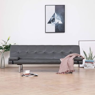 vidaXL Sofa Bed with Two Pillows Gray Faux Leather