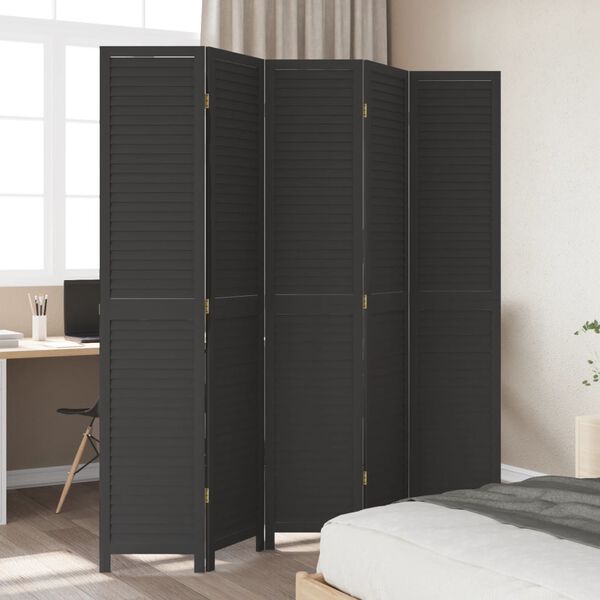 vidaXL Room Divider 5 Panels Black Solid Wood Paulownia