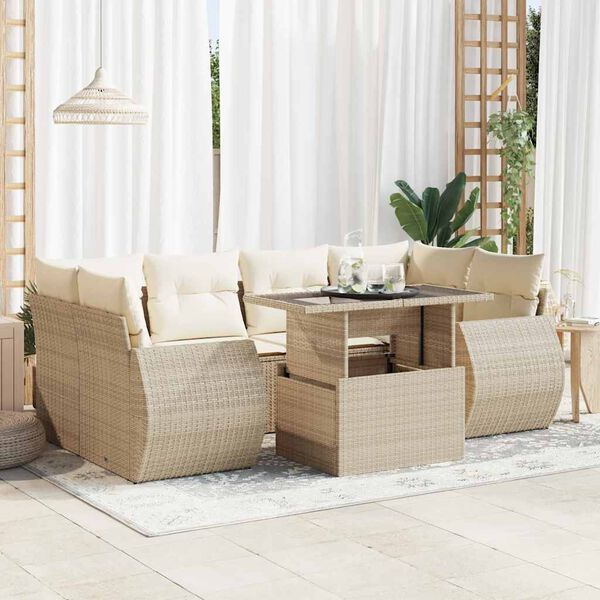 vidaXL Garden Sofa Set Beige PE rattan, powder-coated steel, tempered glass