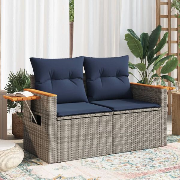 vidaXL Patio Sofa with Cushions 2-Seater Gray Poly Rattan
