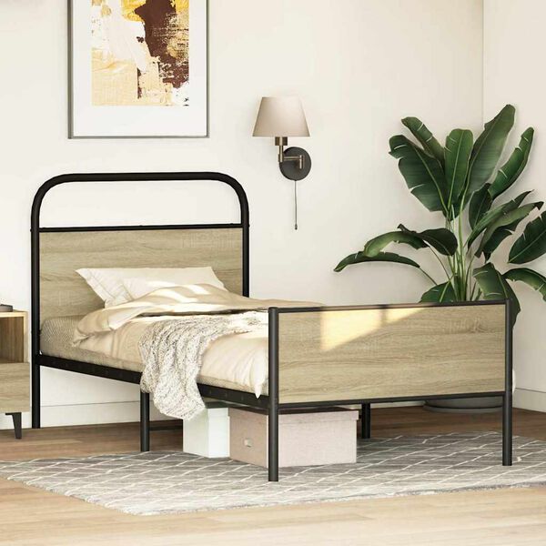 vidaXL Bed Frame Sonoma oak Steel, Engineered wood Single Bed Frame