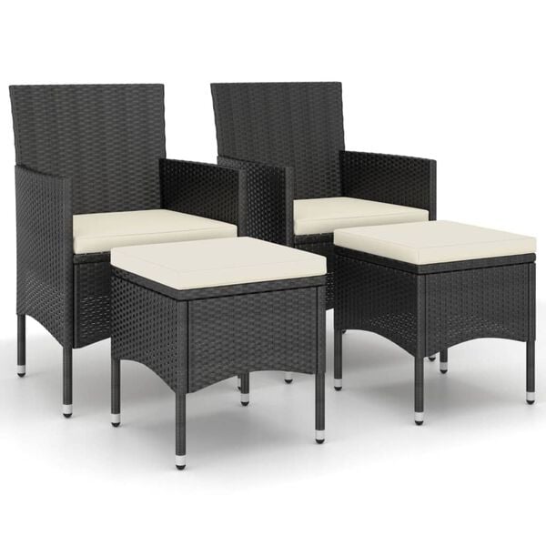 vidaXL Garden Chair And Stool Set of 4 Black Poly Rattan Medium