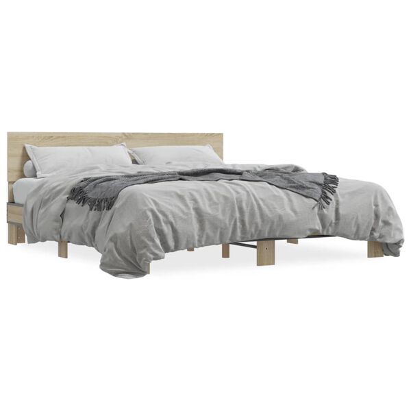 vidaXL Bed Frame Sonoma oak Engineered wood, metal, plywood slats