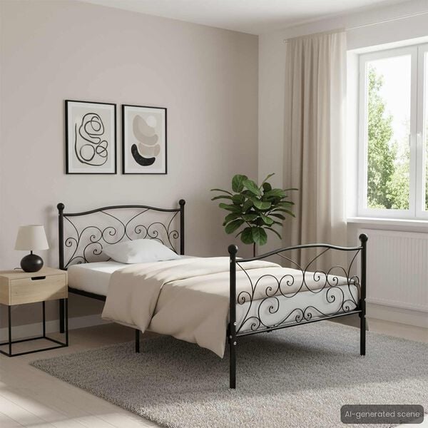 vidaXL Bed Frame Black Metal, plywood 35.4x78.7 in Sturdy Bed Frame