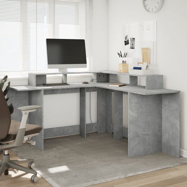 vidaXL Desk Concrete Gray Engineered Wood L-shaped, Corner size Desk