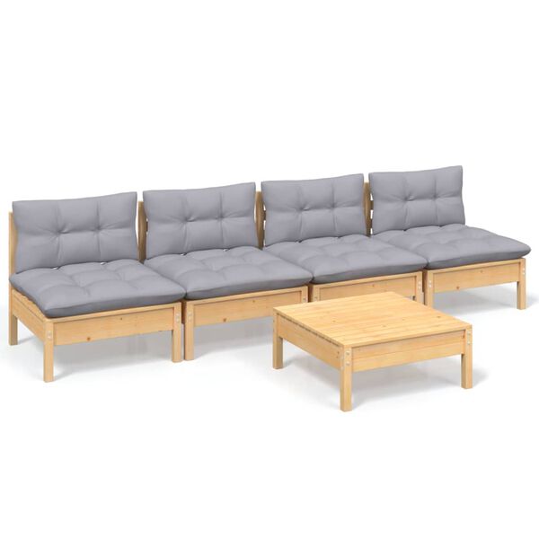 vidaXL Garden Lounge Set Grey, Pinewood Solid Pinewood, Polyester Large