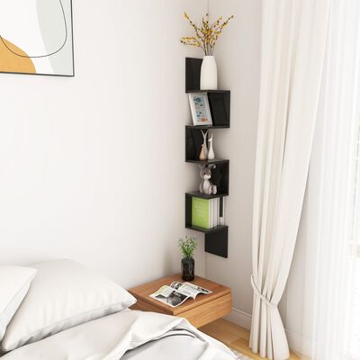 vidaXL Wall Corner Shelf High Gloss Black 7.9"x7.9"x50.2" Engineered Wood