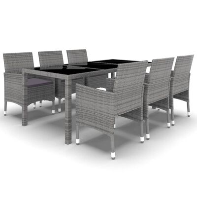 vidaXL 7 Piece Patio Dining Set Poly Rattan and Tempered Glass Gray