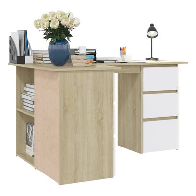 vidaXL Corner Desk White and Sonoma Oak 57.1"x39.4"x29.9" Chipboard