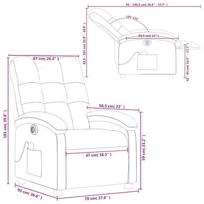 Technical schematic with dimensions for the recliner.