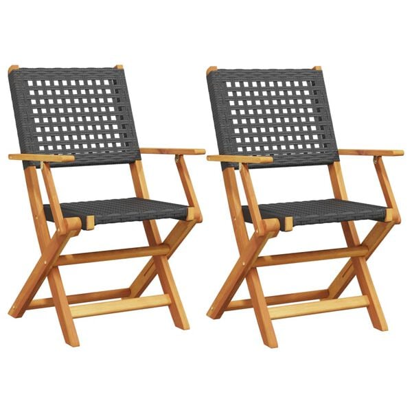 vidaXL Garden Chair Set of 2 Black Solid Acacia Wood, Poly Rattan