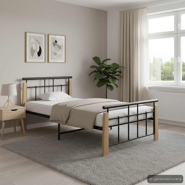 vidaXL Bed Frame Black and Light Oak Powder-coated metal, Solid oak wood