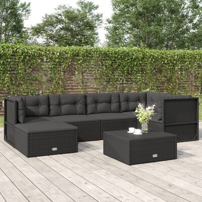 vidaXL 6 Piece Patio Lounge Set with Cushions Black Poly Rattan