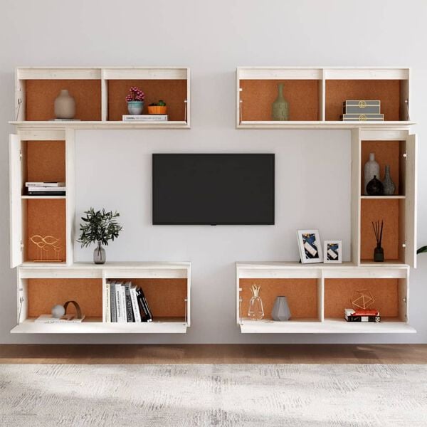 vidaXL TV Cabinet Set of 6 White Solid Pine Wood TV Cabinet