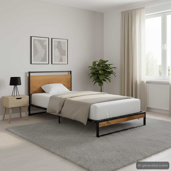 vidaXL Bed Frame Black, Wood brown Powder-coated metal, MDF Twin Durable