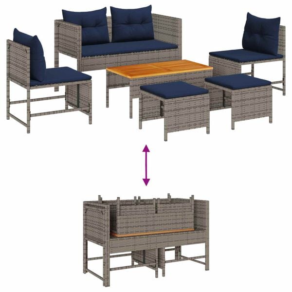 vidaXL Garden Sofa Set 6 pcs Grey and Navy Blue Poly Rattan