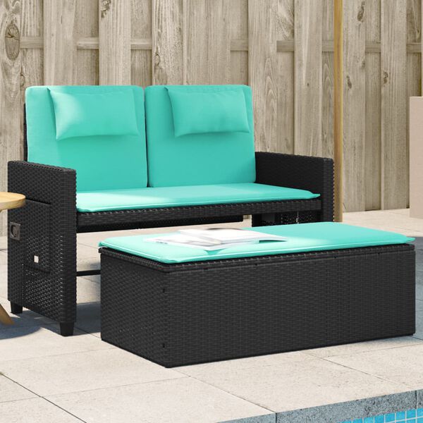 vidaXL Garden Bench Black and Blue PE rattan, powder-coated steel, polyester
