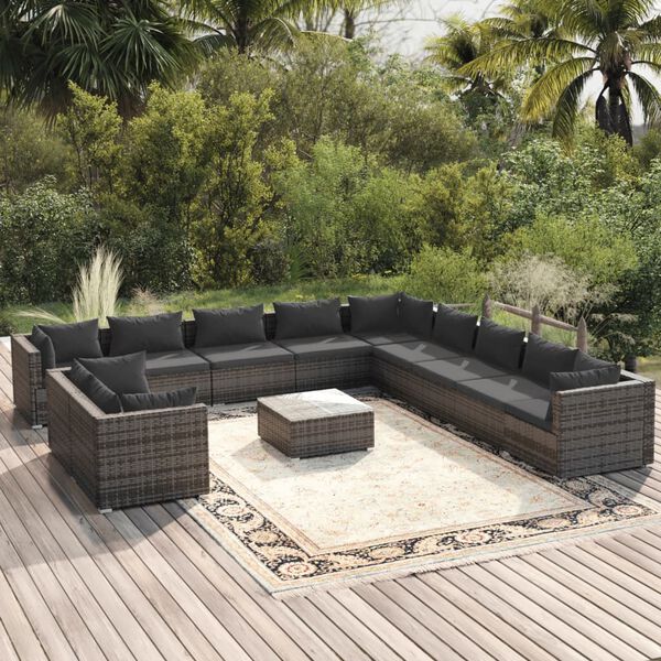 vidaXL Garden Lounge Set Gray PE rattan, powder-coated steel, plastic, glass