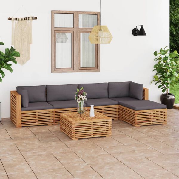 vidaXL 6 Piece Patio Lounge Set with Dark Gray Cushion Solid Teak Wood