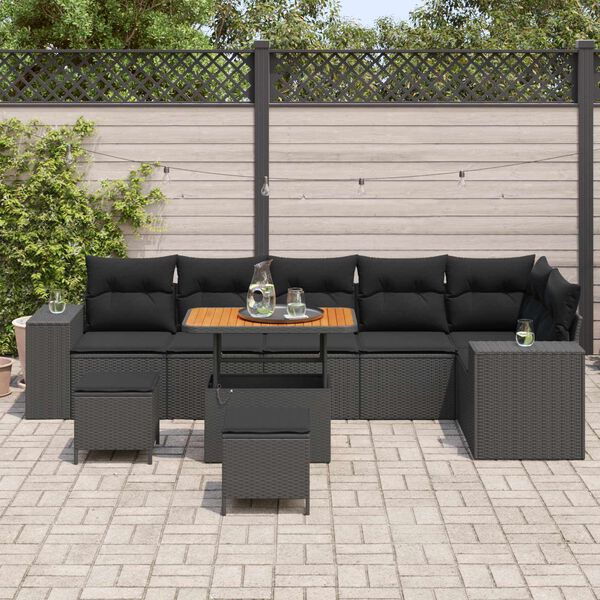 vidaXL Garden Sofa Set with Cushion 9 pcs Black Poly Rattan