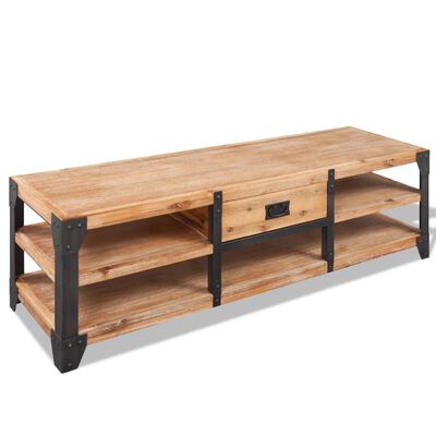 Long wooden console with three open shelves and black metal frame.