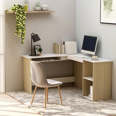 vidaXL L-Shaped Corner Desk White and Sonoma Oak 47.2"x55.1"x29.5" Chipboard