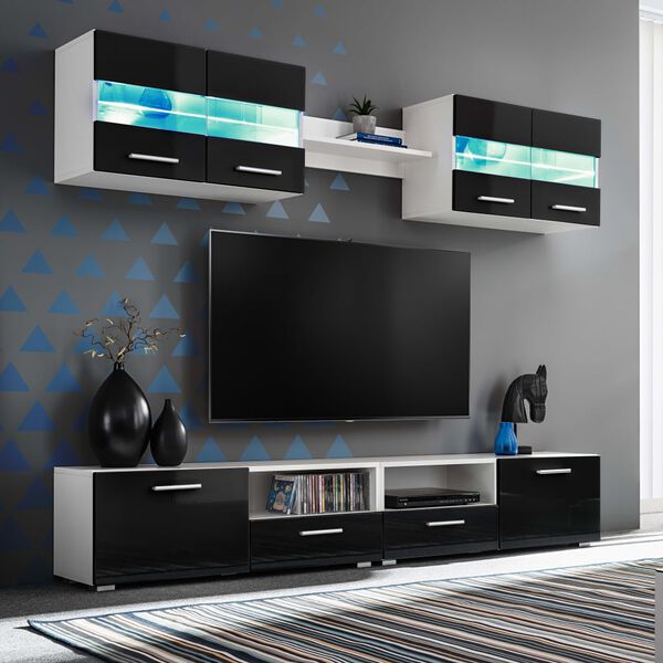 vidaXL TV Wall Unit High gloss black Engineered wood, glass, metal Large