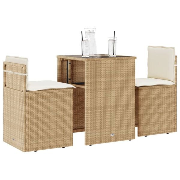 vidaXL 3 Piece Bistro Set with Cushions Beige Poly Rattan