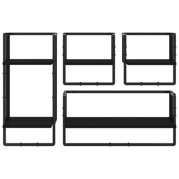 vidaXL Wall Shelf Set Set of 4 Black Engineered wood, metal Small