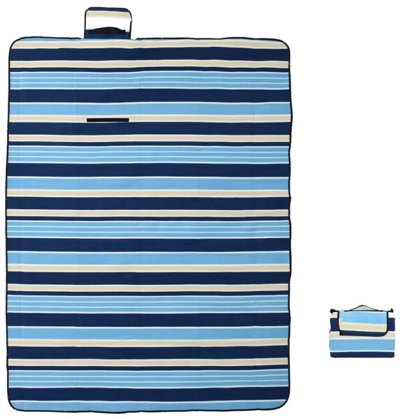 vidaXL Picnic Blanket Foldable Blue and White Stripe 78.7"x59.1" Velvet