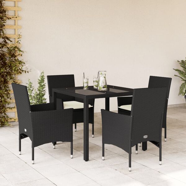 vidaXL 5 Piece Patio Dining Set with Cushions Black Poly Rattan and Glass