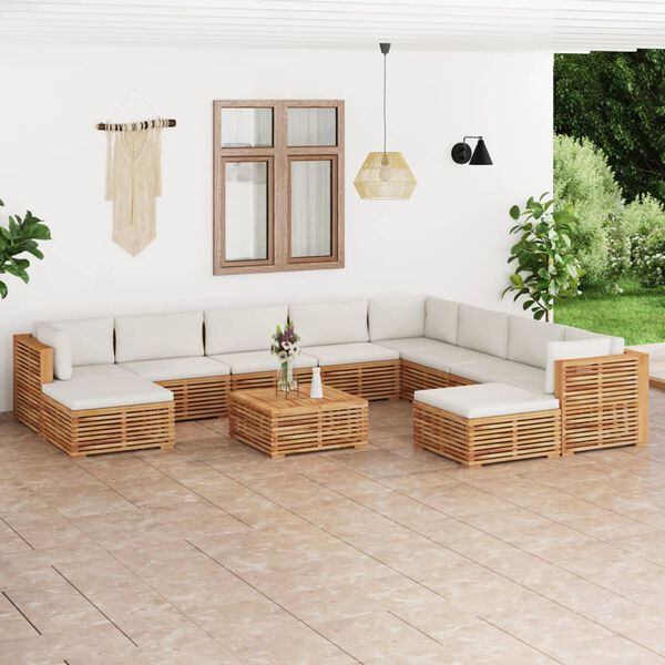 vidaXL 11 Piece Patio Lounge Set with Cream Cushion Solid Teak Wood