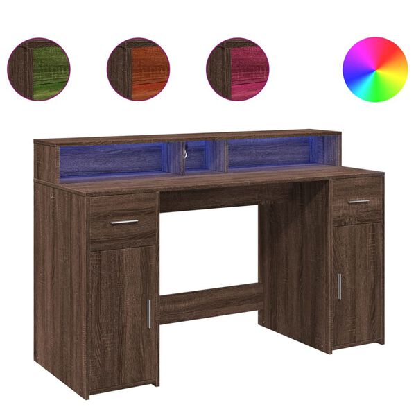 vidaXL Desk with LED Lights Brown Oak 55.1x21.7x35.8" Engineered Wood