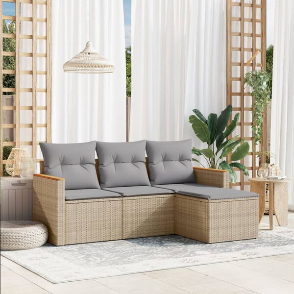 vidaXL Garden Sofa Set Beige PE Rattan 4 Piece Adjustable Feet