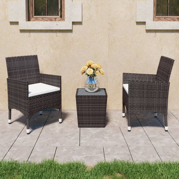 vidaXL 3 Piece Bistro Set Poly Rattan and Tempered Glass Brown