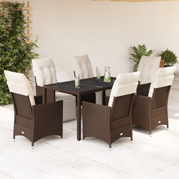 vidaXL 7 Piece Patio Bistro Set with Cushions Brown Poly Rattan