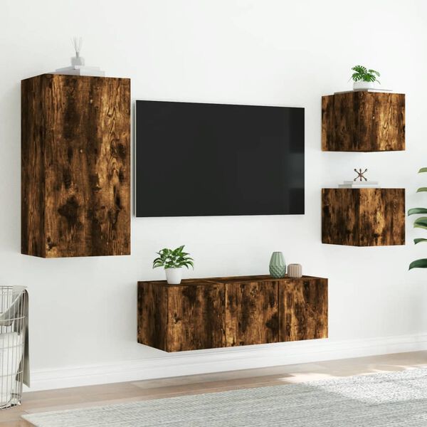 vidaXL TV Wall Unit Smoked Oak Engineered Wood 5 Piece Set