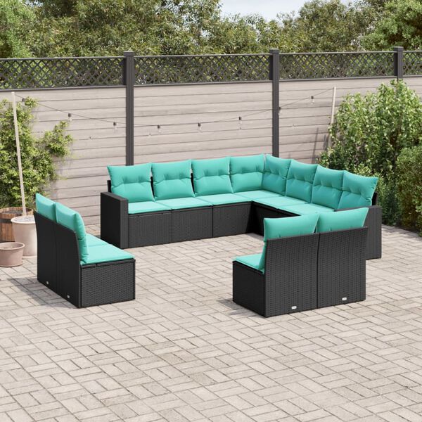 vidaXL 11 Piece Patio Sofa Set with Cushions Black Poly Rattan