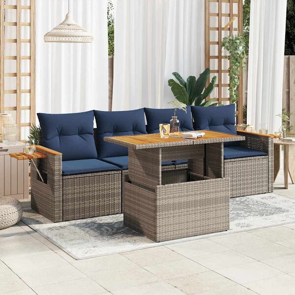 vidaXL 5 Piece Patio Sofa Set with Cushions Gray Poly Rattan