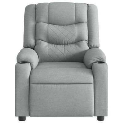 Front view of grey recliner with cushioned arms and quilted backrest