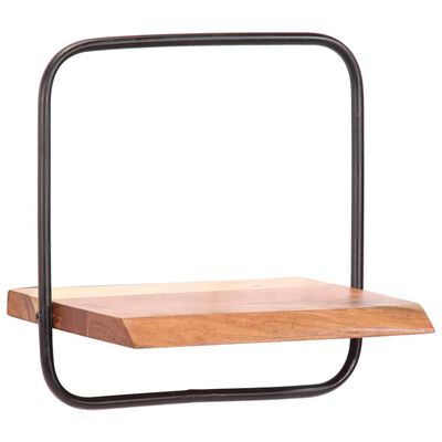 Wall shelf showing wooden shelf supported by black metal frame forming a rounded rectangle.