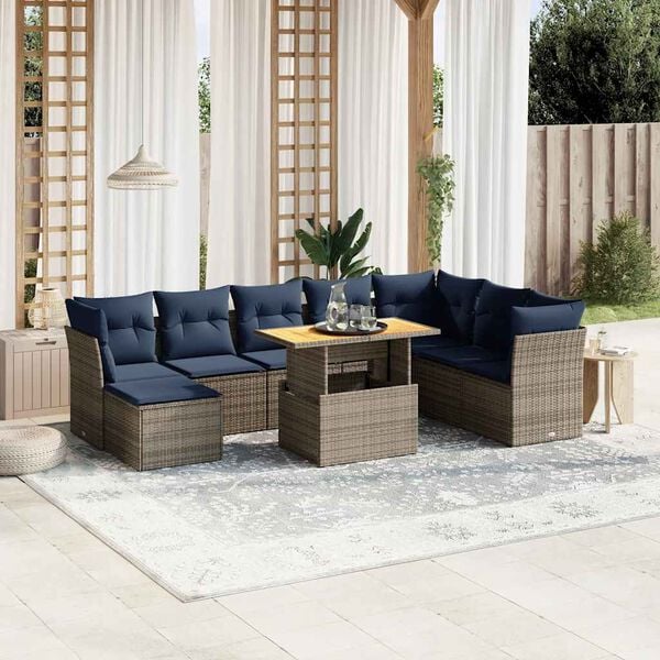 vidaXL 9 Piece Patio Sofa Set with Cushions Gray Poly Rattan