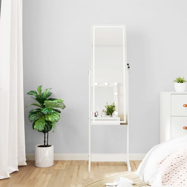 vidaXL Mirror Jewelry Cabinet White Engineered Wood, Glass, Fabric