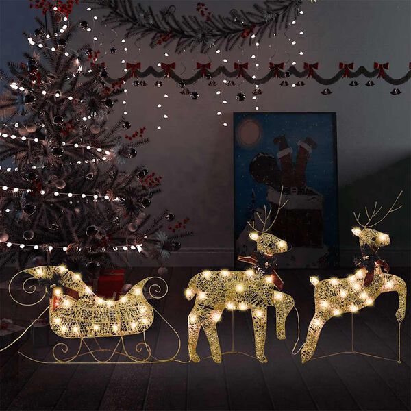 vidaXL Reindeer And Sleigh Christmas Decoration Set of 2 Gold Mesh, Metal