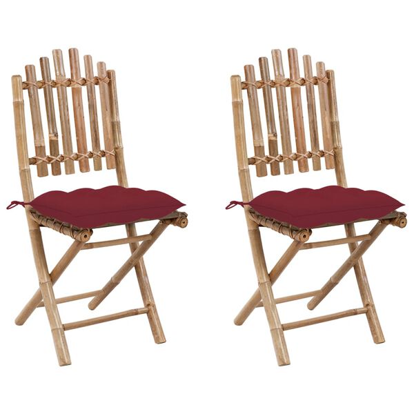 vidaXL Patio Chair Set of 2 Natural Bamboo, Wine Red Bamboo, Polyester