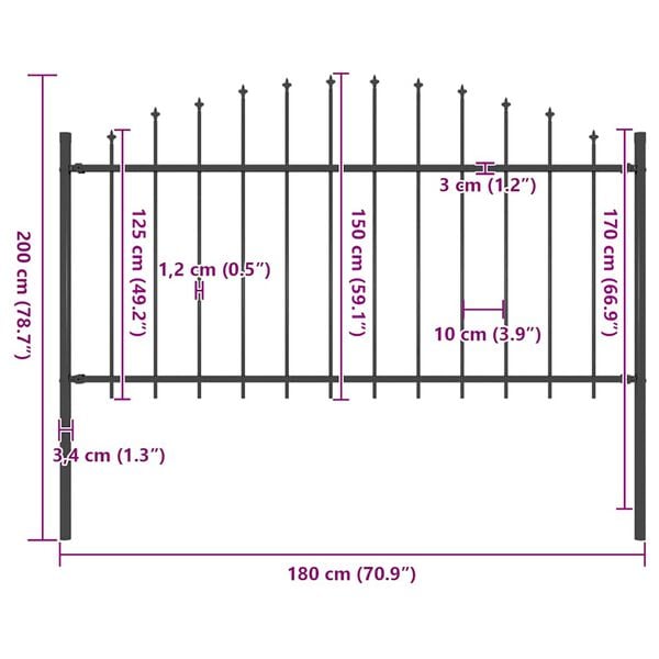 vidaXL Garden Fence with Spear Top Steel 71.3"x59.1" Black