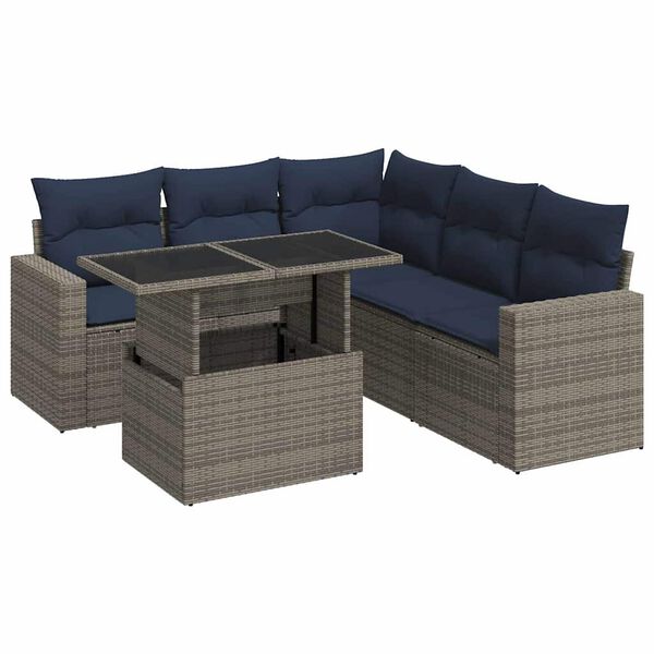vidaXL 6 Piece Patio Sofa Set with Cushions Gray Poly Rattan Acacia